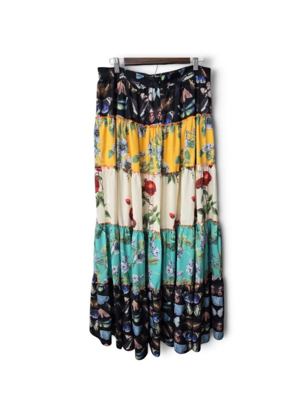 Fashion Nova XL Patchwork Tiered Maxi Skirt Boho Butterfly Floral Ruffle Chic